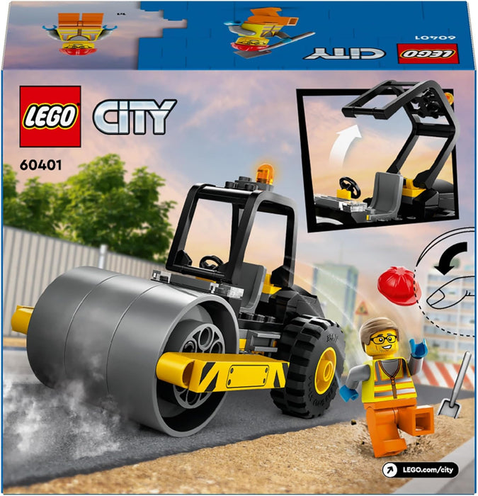 LEGO City Straßenwalze, Baustellenfahrzeug für Kinder ab 5 Jahren, Dampfwalze-Spielzeug mit Bauarbeiter-Minifigur, fantasievolles Spielerlebnis für Jungs und Mädchen, kleines, lustiges Geschenk 60401