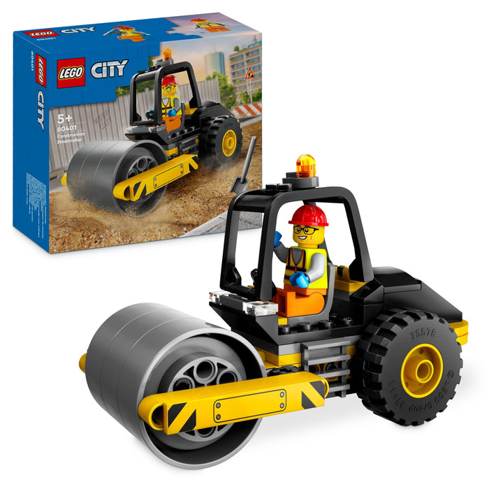 LEGO City Straßenwalze, Baustellenfahrzeug für Kinder ab 5 Jahren, Dampfwalze-Spielzeug mit Bauarbeiter-Minifigur, fantasievolles Spielerlebnis für Jungs und Mädchen, kleines, lustiges Geschenk 60401