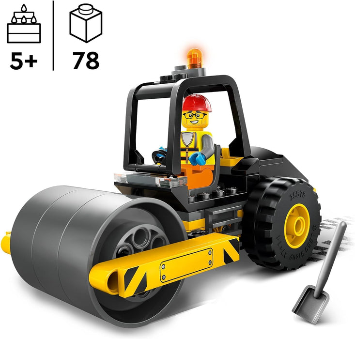 LEGO City Straßenwalze, Baustellenfahrzeug für Kinder ab 5 Jahren, Dampfwalze-Spielzeug mit Bauarbeiter-Minifigur, fantasievolles Spielerlebnis für Jungs und Mädchen, kleines, lustiges Geschenk 60401