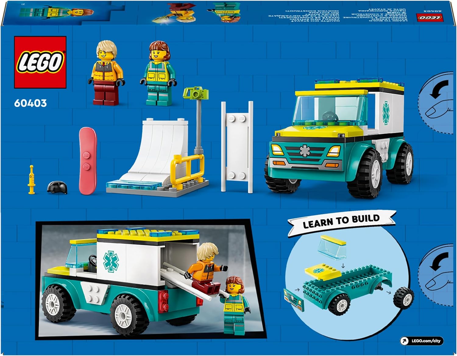 LEGO City Emergency Ambulance and Snowboarder Vehicle Toys for 4 Plus Year Old Kids, Boys & Girls with Boarder and Paramedic Minifigures, Building Toy for Imaginative Play, Gift Idea 60403