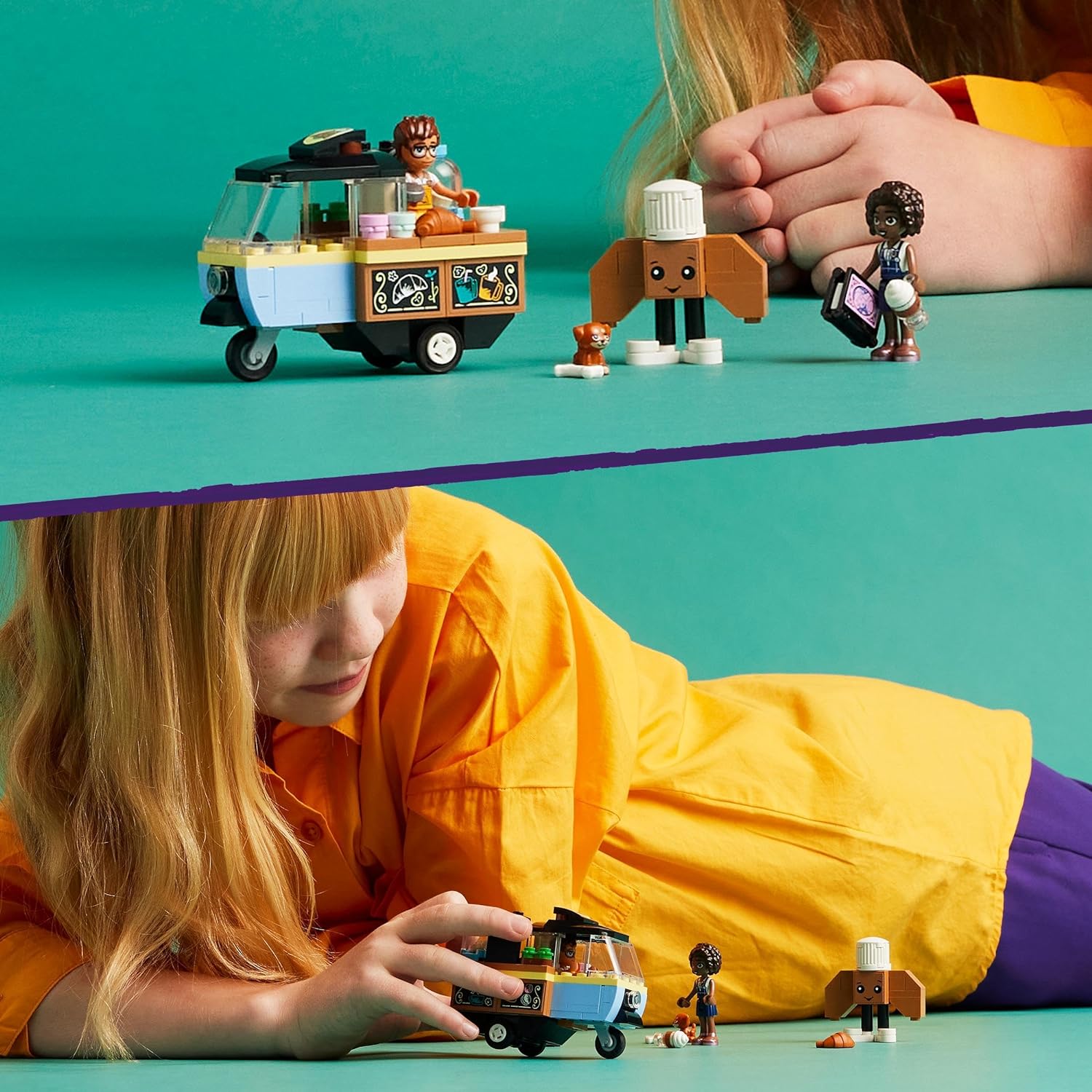 LEGO Friends Rollendes Café, Kleines Bäckerei-Spielzeug für Kinder, Geschenk für Mädchen und Jungen ab 6 Jahren, Lernspielzeug mit den Figuren Aliya, Jules und dem Hund Aira 42606
