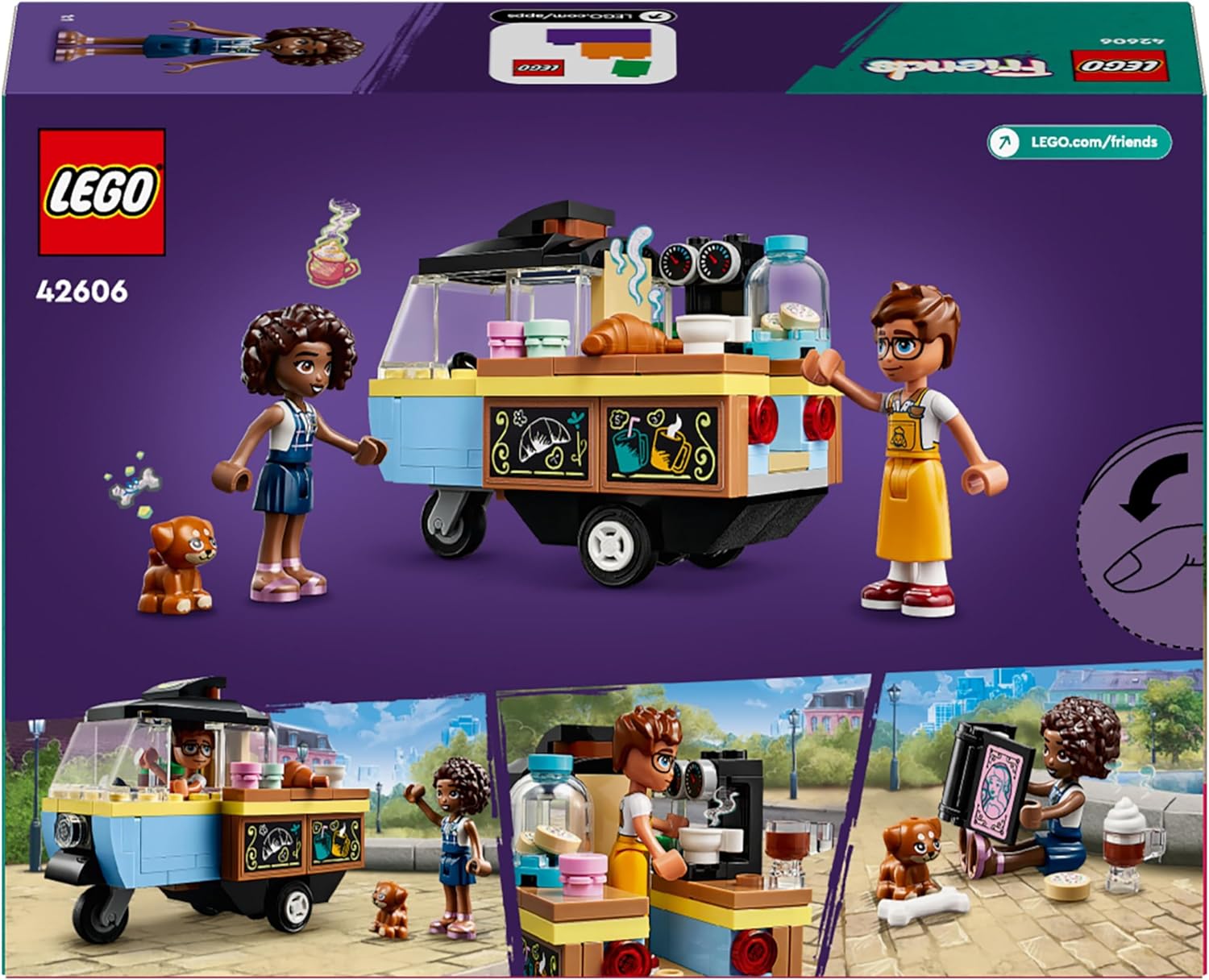 LEGO Friends Rollendes Café, Kleines Bäckerei-Spielzeug für Kinder, Geschenk für Mädchen und Jungen ab 6 Jahren, Lernspielzeug mit den Figuren Aliya, Jules und dem Hund Aira 42606