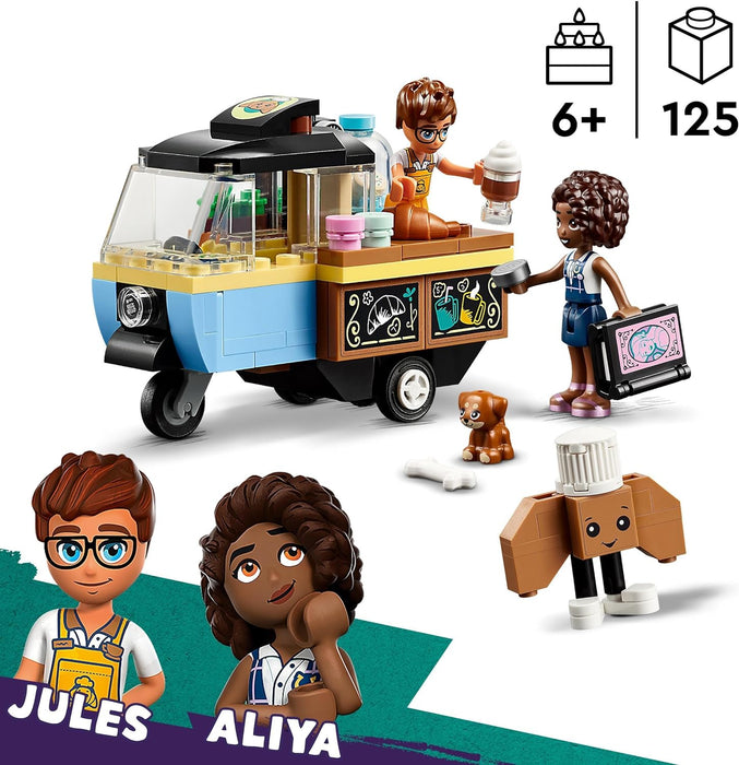 LEGO Friends Rollendes Café, Kleines Bäckerei-Spielzeug für Kinder, Geschenk für Mädchen und Jungen ab 6 Jahren, Lernspielzeug mit den Figuren Aliya, Jules und dem Hund Aira 42606