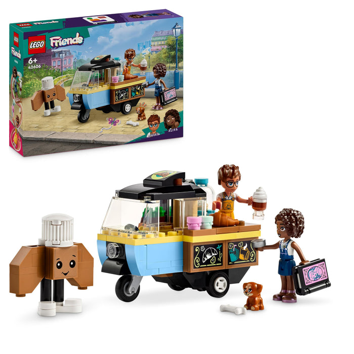 LEGO Friends Rollendes Café, Kleines Bäckerei-Spielzeug für Kinder, Geschenk für Mädchen und Jungen ab 6 Jahren, Lernspielzeug mit den Figuren Aliya, Jules und dem Hund Aira 42606
