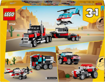 LEGO Creator 3in1 Flatbed Truck with Helicopter Toy to Propeller Plane and Fuel Lorry to Hot Rod and SUV Car Toys for 7 Plus Year Old Boys, Girls and Kids who Love Cool Vehicles, Gift Idea 31146
