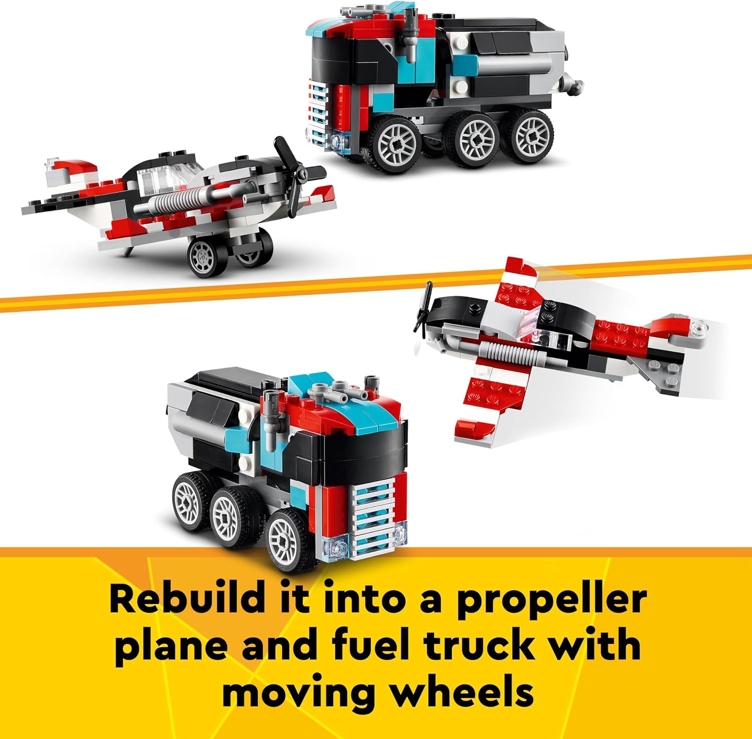 LEGO Creator 3in1 Flatbed Truck with Helicopter Toy to Propeller Plane and Fuel Lorry to Hot Rod and SUV Car Toys for 7 Plus Year Old Boys, Girls and Kids who Love Cool Vehicles, Gift Idea 31146