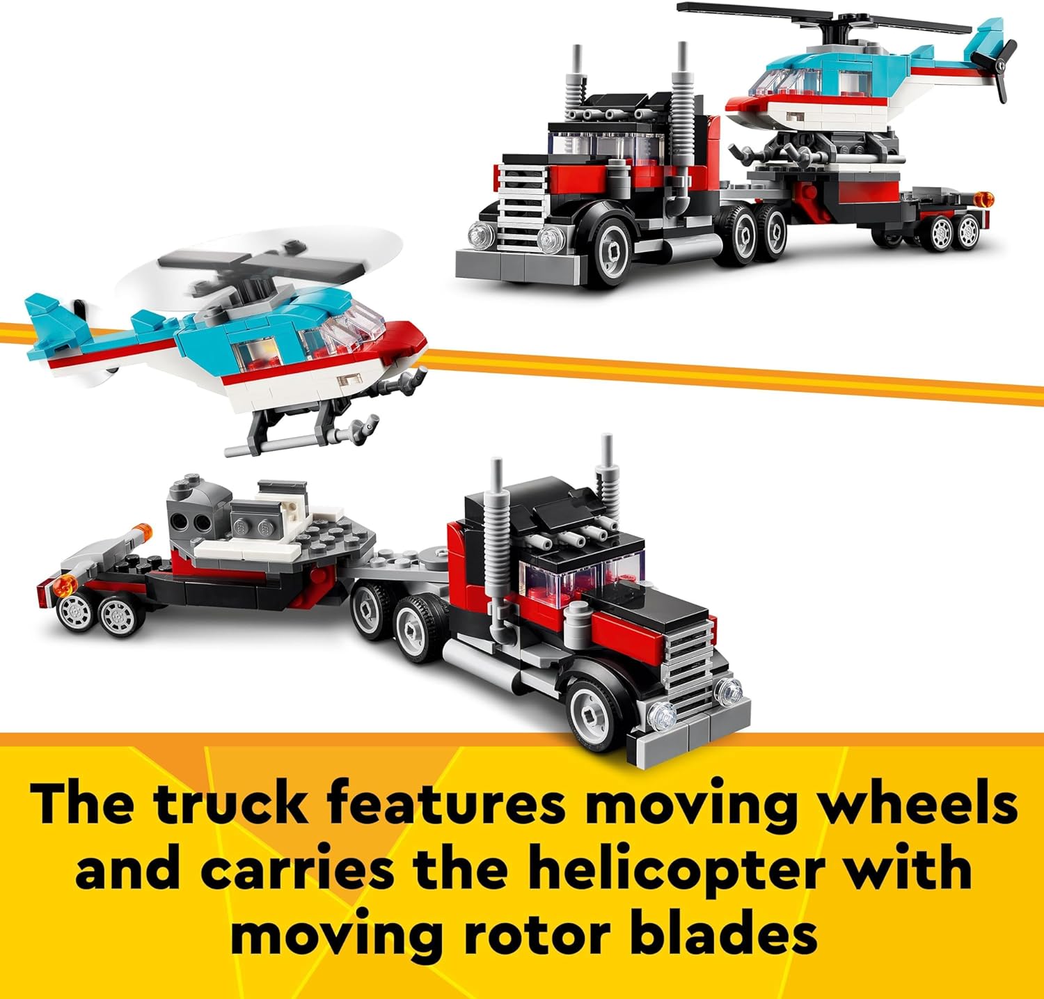 LEGO Creator 3in1 Flatbed Truck with Helicopter Toy to Propeller Plane and Fuel Lorry to Hot Rod and SUV Car Toys for 7 Plus Year Old Boys, Girls and Kids who Love Cool Vehicles, Gift Idea 31146