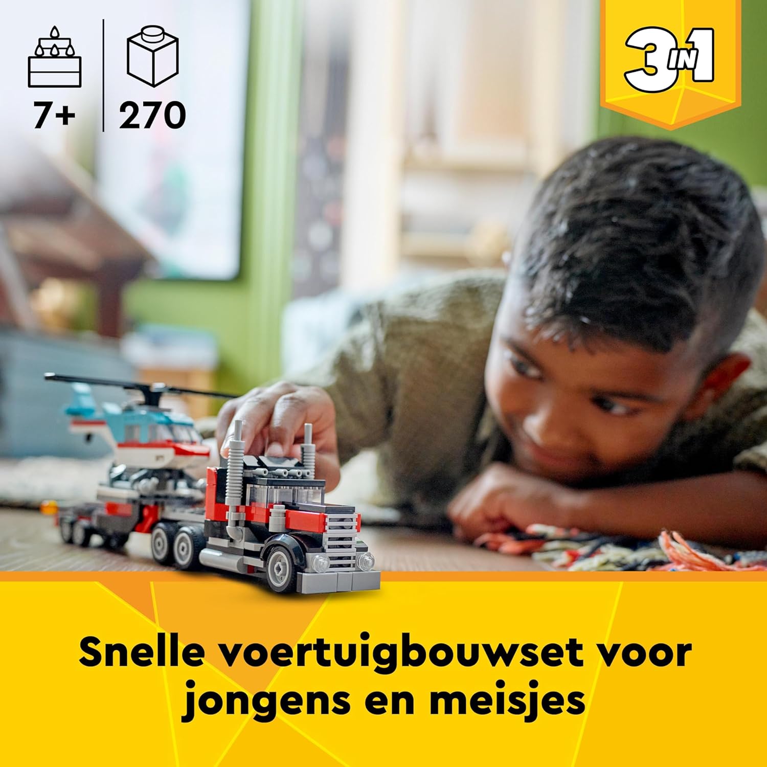 LEGO Creator 3in1 Flatbed Truck with Helicopter Toy to Propeller Plane and Fuel Lorry to Hot Rod and SUV Car Toys for 7 Plus Year Old Boys, Girls and Kids who Love Cool Vehicles, Gift Idea 31146