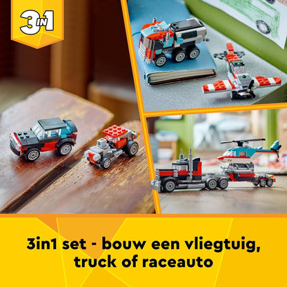 LEGO Creator 3in1 Flatbed Truck with Helicopter Toy to Propeller Plane and Fuel Lorry to Hot Rod and SUV Car Toys for 7 Plus Year Old Boys, Girls and Kids who Love Cool Vehicles, Gift Idea 31146