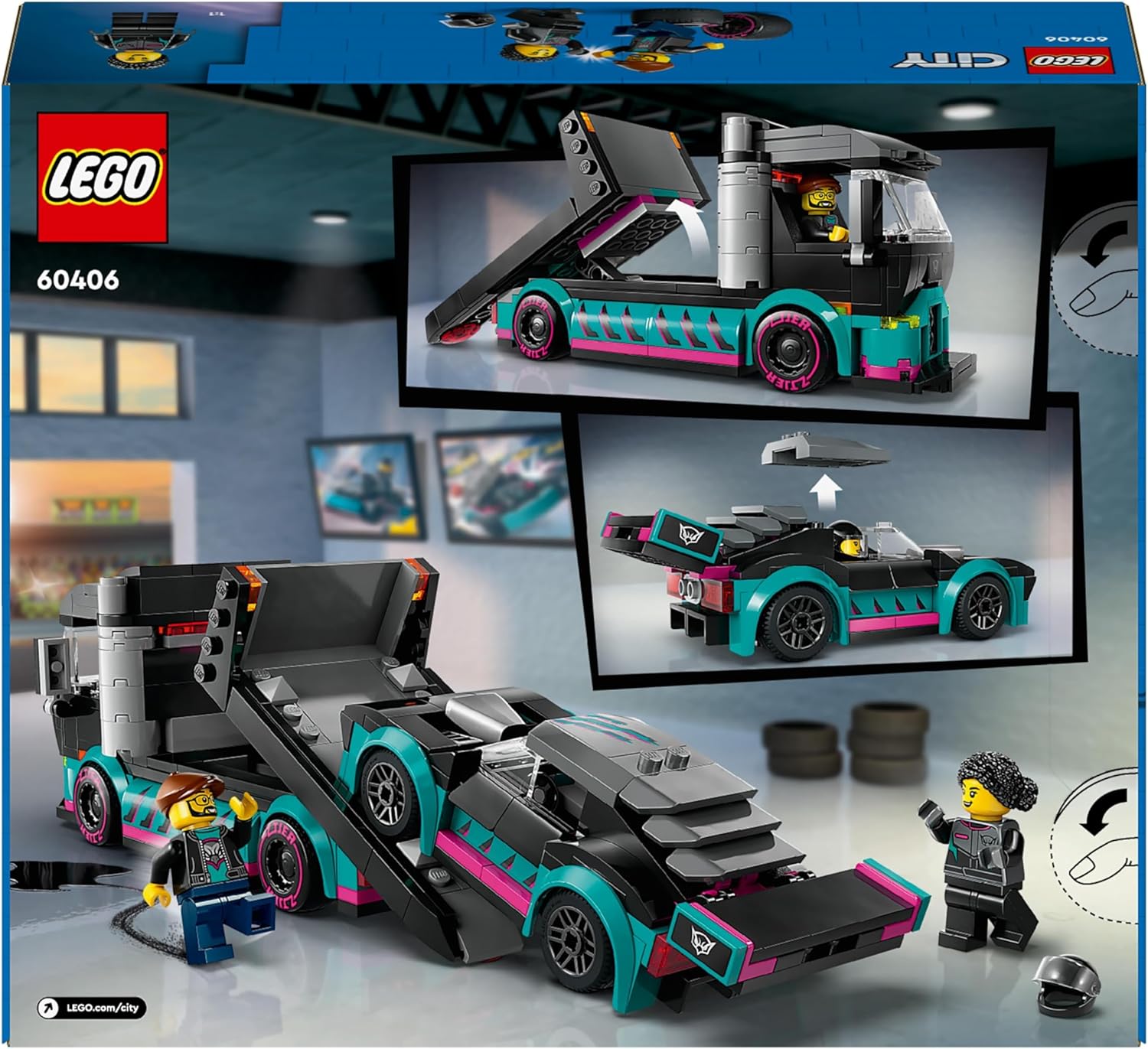 LEGO City Race Car and Car Carrier Truck Toy, Vehicle and Transporter Building Set for 6 Plus Year Old Boys & Girls with Adjustable Loading Ramp, Racer and Driver Minifigures, Fun Gift for Kids 60406