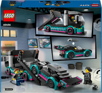 LEGO City Race Car and Car Carrier Truck Toy, Vehicle and Transporter Building Set for 6 Plus Year Old Boys & Girls with Adjustable Loading Ramp, Racer and Driver Minifigures, Fun Gift for Kids 60406