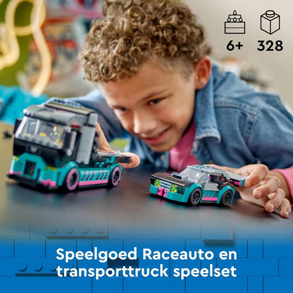 LEGO City Race Car and Car Carrier Truck Toy, Vehicle and Transporter Building Set for 6 Plus Year Old Boys & Girls with Adjustable Loading Ramp, Racer and Driver Minifigures, Fun Gift for Kids 60406