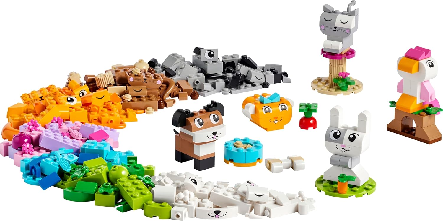 LEGO Classic Kreative Tiere, Box mit bunten Steinen, Baue Spielzeug-Tierfiguren aus Bausteinen wie Hund, Katze, Hase, Hamster und Vogel, Konstruktionsspielzeug für Jungs und Mädchen ab 5 Jahren 11034