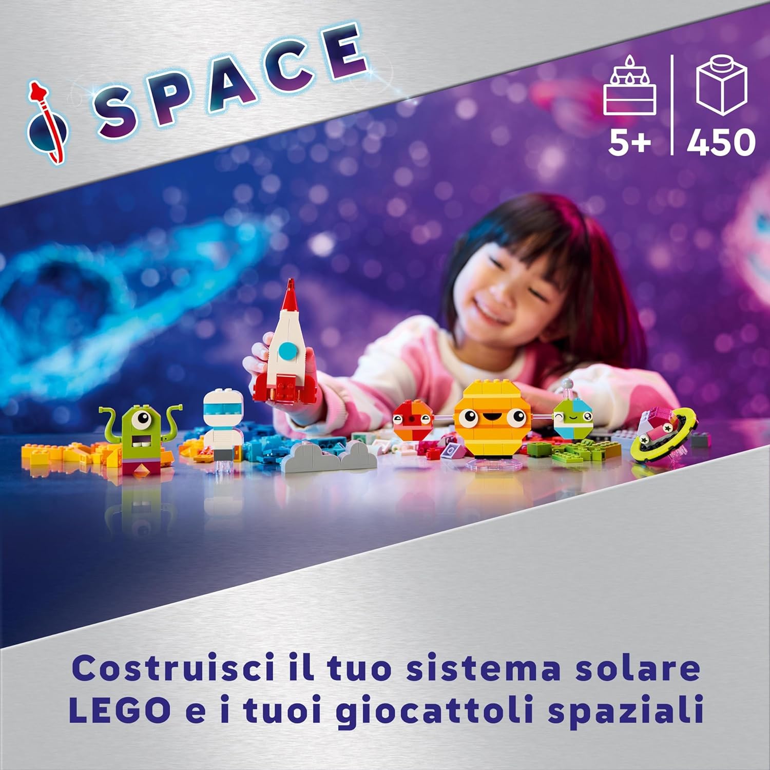 LEGO Classic Kreative Weltraumplaneten, baubares Sonnensystem-Modell für Kinder, Weltraum-Spielzeug mit Rakete, Raumschiff, Planeten und Alien, Geschenk für Kinder, Jungs und Mädchen ab 5 Jahren 11037