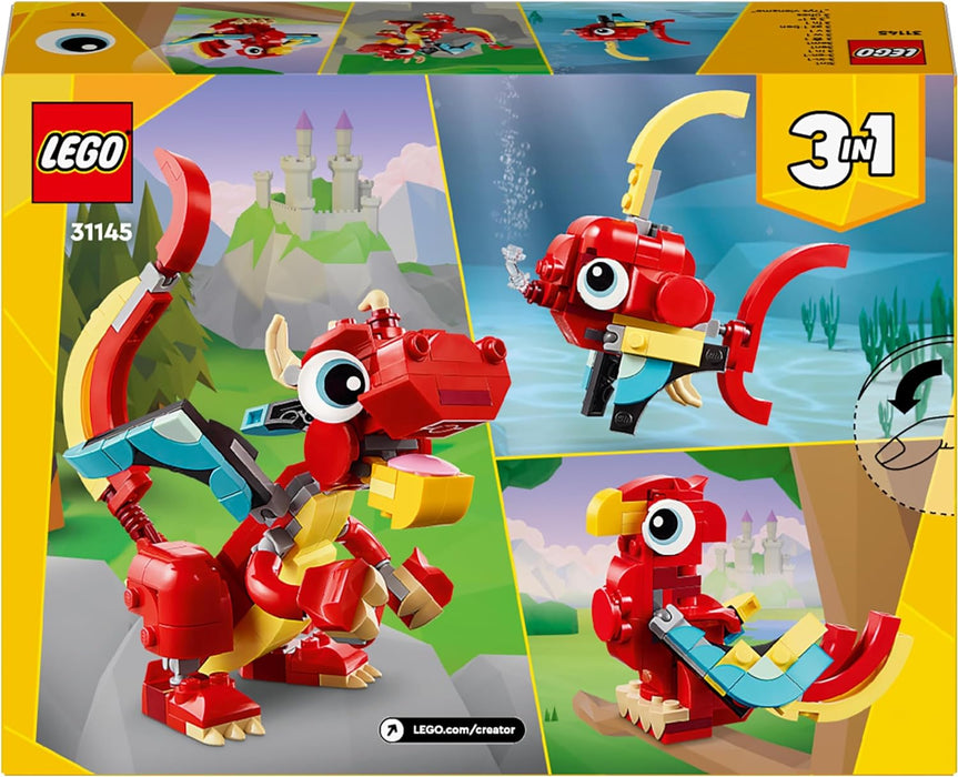LEGO Creator 3in1 Red Dragon Toy to Fish Figure to Phoenix Bird Model, Animal Figures Set, Gifts for 6 Plus Year Old Boys, Girls and Kids 31145