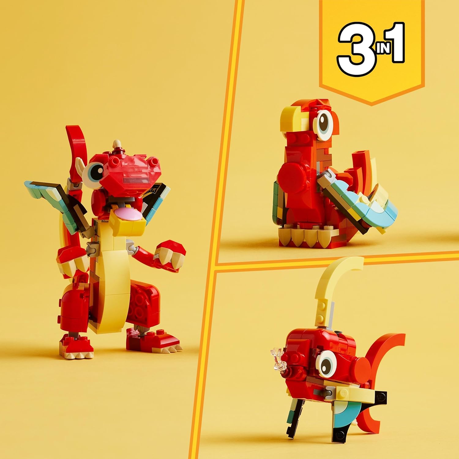 LEGO Creator 3in1 Red Dragon Toy to Fish Figure to Phoenix Bird Model, Animal Figures Set, Gifts for 6 Plus Year Old Boys, Girls and Kids 31145