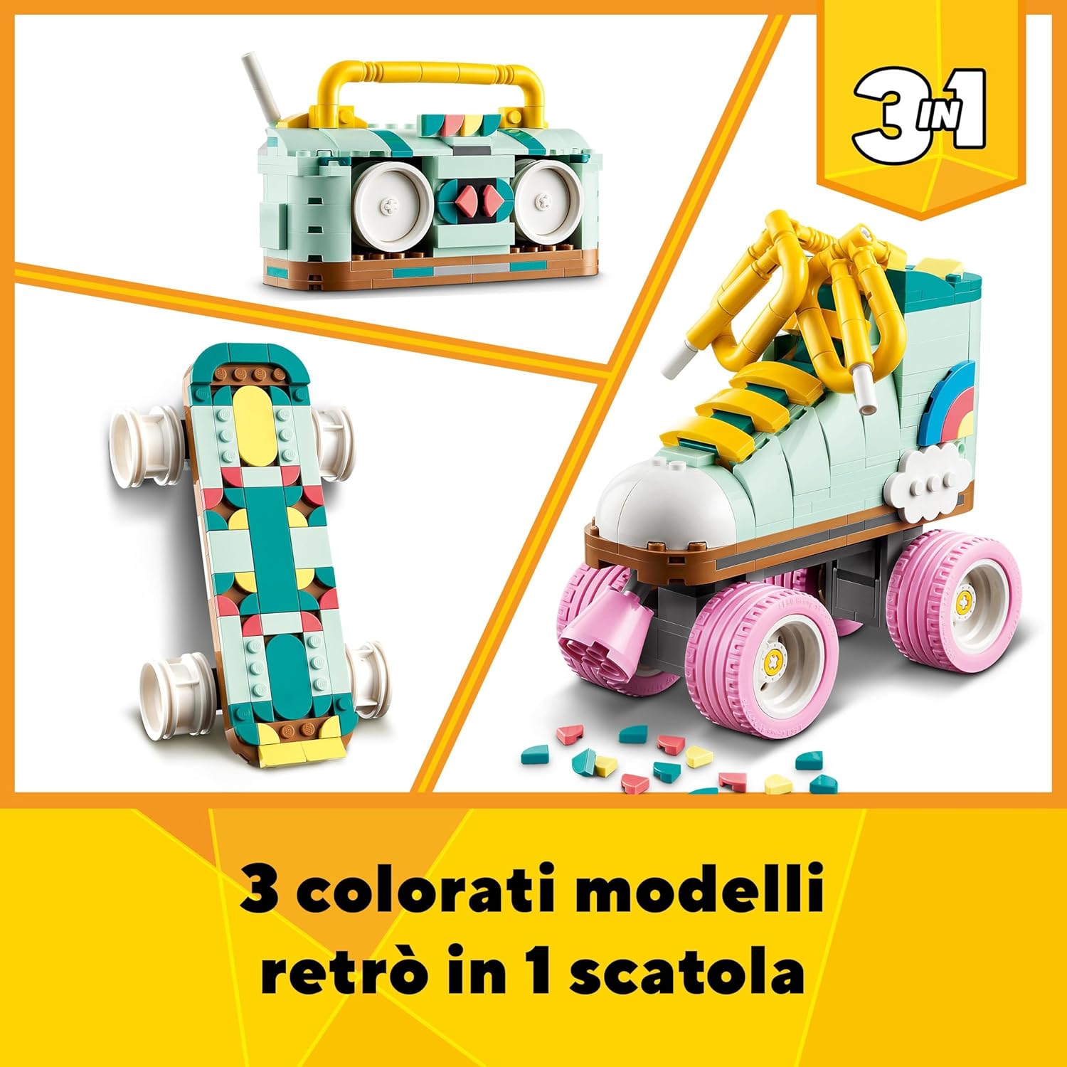 LEGO Creator 3in1 Retro Roller Skate to Mini Skateboard Toy to Boom Box Radio, Set for 8 Plus Year Old Girls, Boys & Kids, Great Desk Decoration or Bedroom Accessories, Gifts for Music Lovers 31148