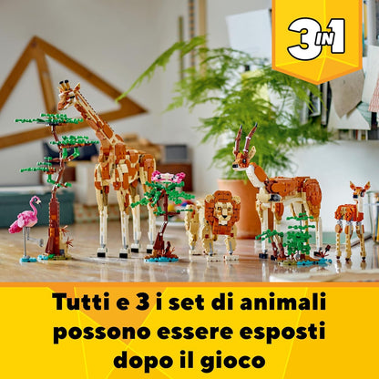 Lego Creator 3 en 1 Safari de Animales Salvajes con Jirafa de Juguete Convertible en Figuras de Gacelas y León, Juego de Construcción y Regalo de Naturaleza para Niñas y Niños de 9 Años o Más 31150