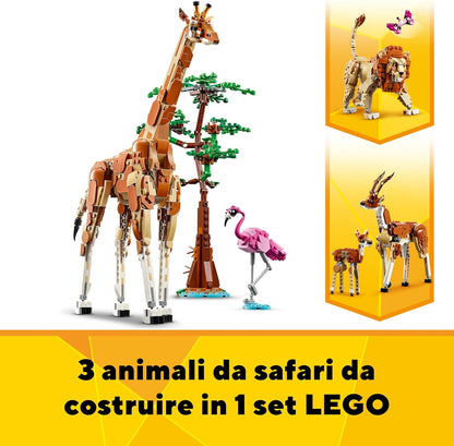 Lego Creator 3 en 1 Safari de Animales Salvajes con Jirafa de Juguete Convertible en Figuras de Gacelas y León, Juego de Construcción y Regalo de Naturaleza para Niñas y Niños de 9 Años o Más 31150