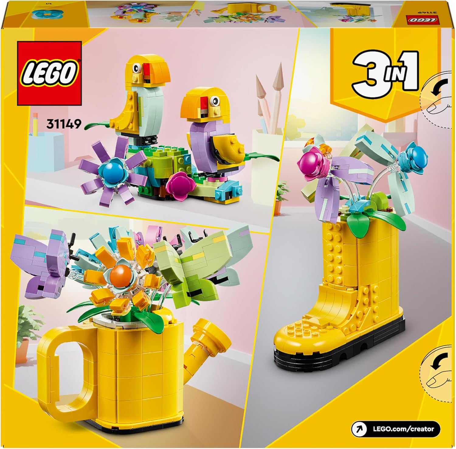 LEGO Creator 3in1 Flowers in Watering Can Toy to Welly Boot to 2 Birds on a Perch, Animals Set for Girls, Boys & Kids, with 3 Butterfly Toys, Makes a Great Desk Accessory, Nature Gift 31149