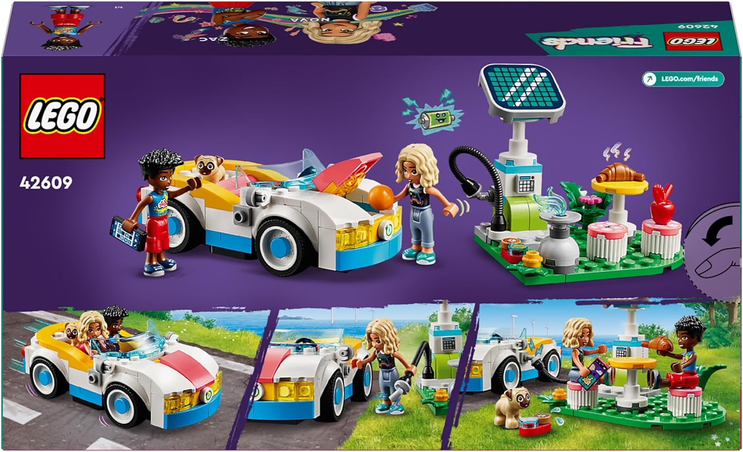 LEGO Friends Electric Car and Charger, Eco Vehicle Toy for 6 Plus Year Old Girls, Boys & Kids, Role-Play Adventure Set with Mini-Doll Characters Nova and Zac and a Pet Dog Figure Small Gift Idea 42609
