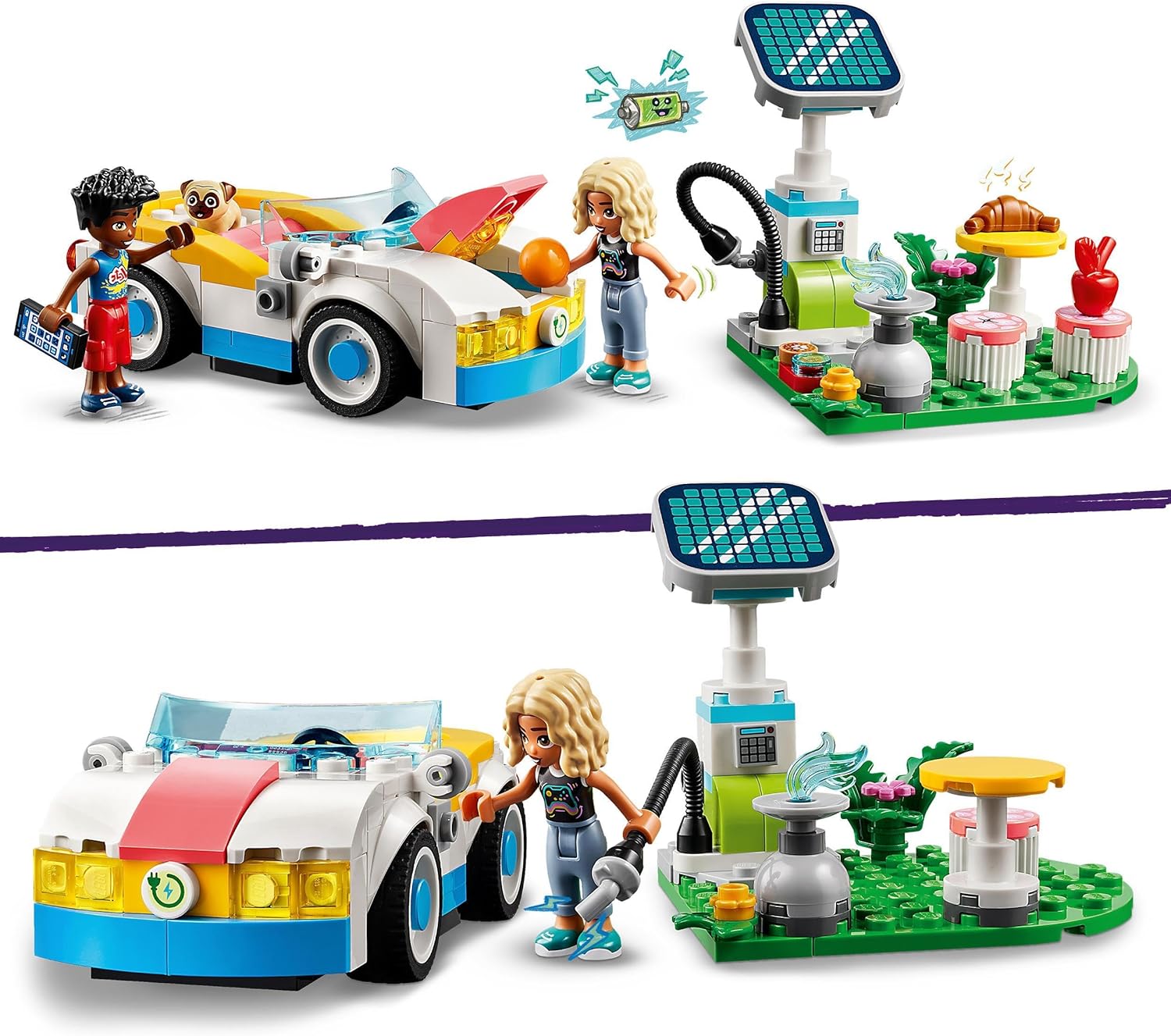 LEGO Friends Electric Car and Charger, Eco Vehicle Toy for 6 Plus Year Old Girls, Boys & Kids, Role-Play Adventure Set with Mini-Doll Characters Nova and Zac and a Pet Dog Figure Small Gift Idea 42609