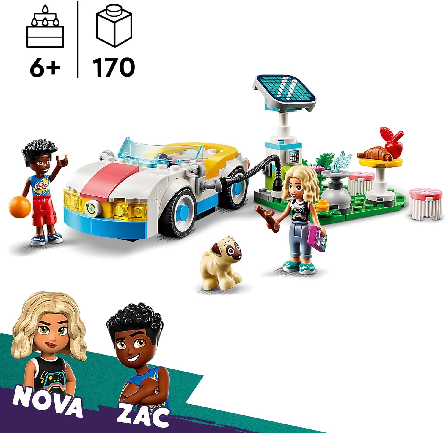 LEGO Friends Electric Car and Charger, Eco Vehicle Toy for 6 Plus Year Old Girls, Boys & Kids, Role-Play Adventure Set with Mini-Doll Characters Nova and Zac and a Pet Dog Figure Small Gift Idea 42609