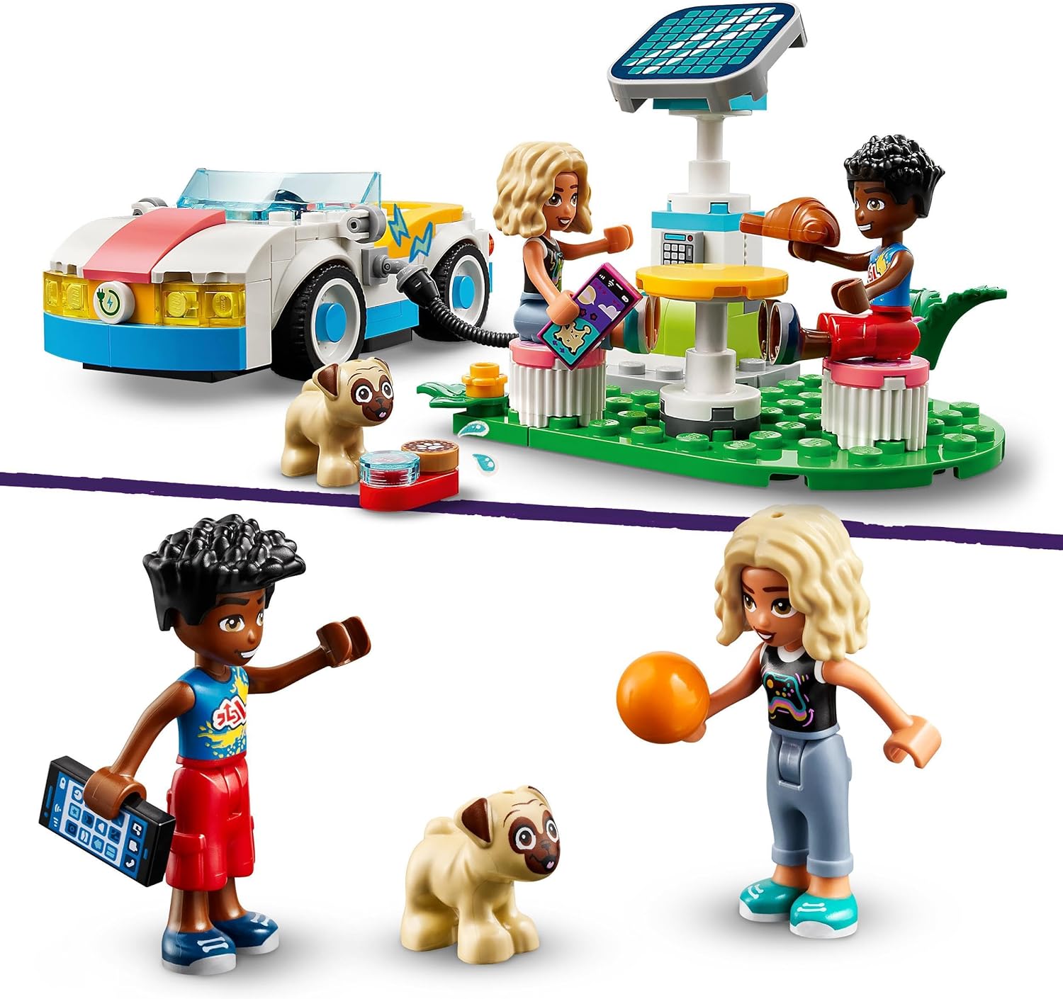 LEGO Friends Electric Car and Charger, Eco Vehicle Toy for 6 Plus Year Old Girls, Boys & Kids, Role-Play Adventure Set with Mini-Doll Characters Nova and Zac and a Pet Dog Figure Small Gift Idea 42609