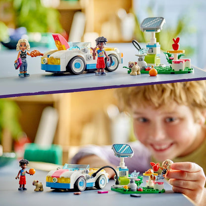 LEGO Friends Electric Car and Charger, Eco Vehicle Toy for 6 Plus Year Old Girls, Boys & Kids, Role-Play Adventure Set with Mini-Doll Characters Nova and Zac and a Pet Dog Figure Small Gift Idea 42609