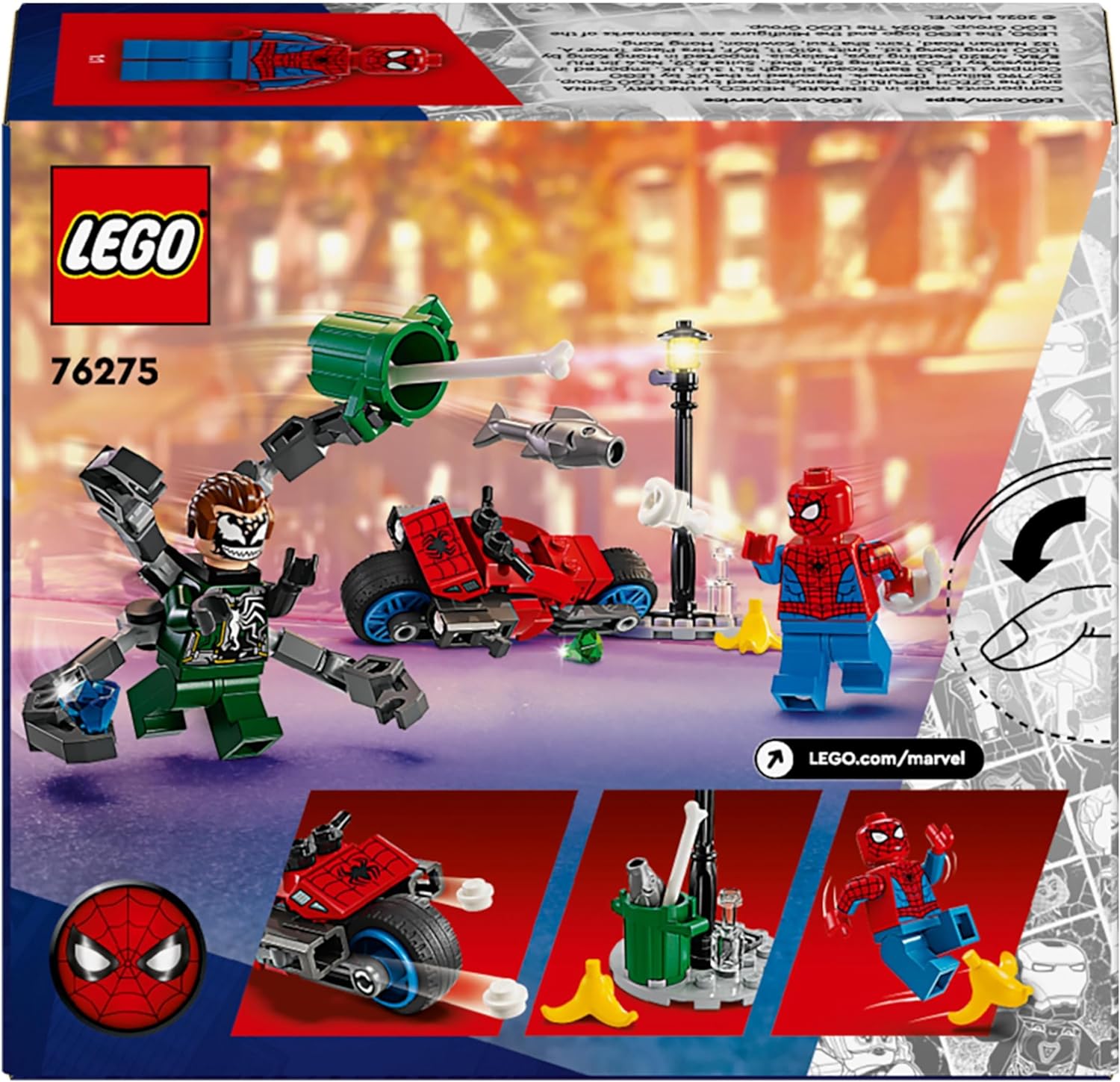 LEGO Marvel Motorcycle Chase: Spider-Man vs. Doc Ock, Motorbike Building Toy for Kids, Boys and Girls aged 6 Plus with Stud Blasters, Web Shooters & 2 Minifugres Incl. Spidey, Super Hero Gifts 76275