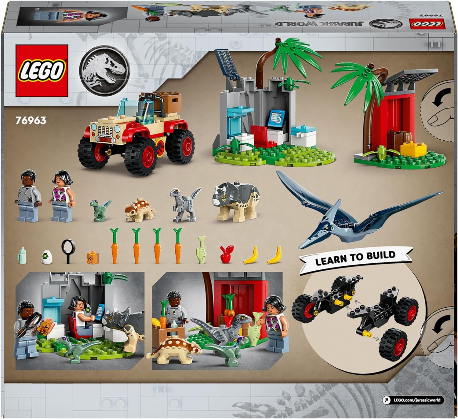 LEGO Jurassic World Baby Dinosaur Rescue Centre Toy for Kids, Mini Triceratops, Ankylosaurus and Velociraptor Dino Figure Toys, Gifts for Boys and Girls Aged 4 Plus 76963