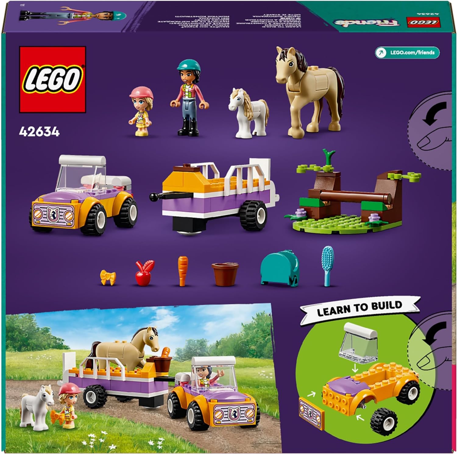 LEGO Friends Pferde- und Pony-Anhänger, Pferde-Spielzeug für Mädchen und Jungen mit Auto und Figuren, Mini-Puppen-Set mit Liann, Zoya und 2 Tierfiguren, Geschenk für Kinder 4 Jahren 42634