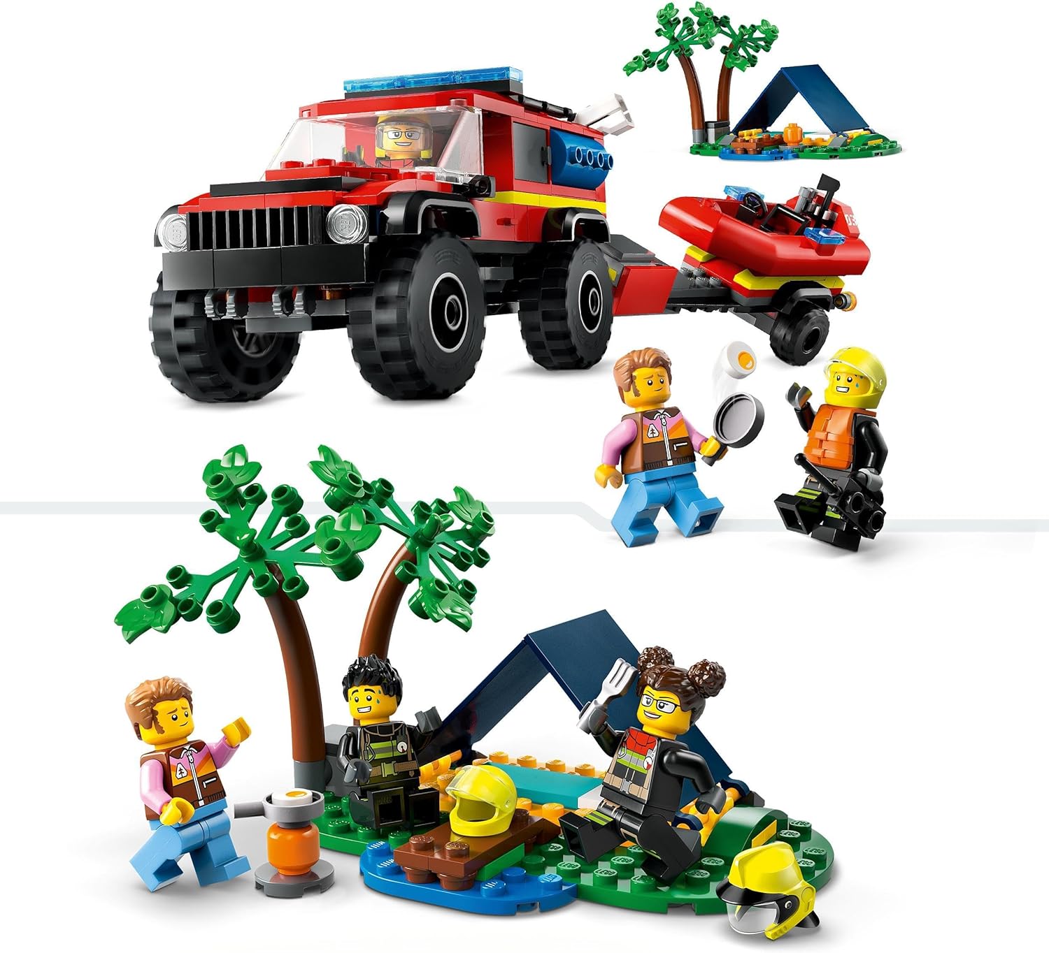 LEGO City 4x4 Fire Engine with Rescue Boat Building Toys for 5 Plus Year Old Boys & Girls, Imaginative Play Set Includes a Dinghy, Trailer, Tent, Camper and 2 Firefighter Minifigures, Gift Idea 60412