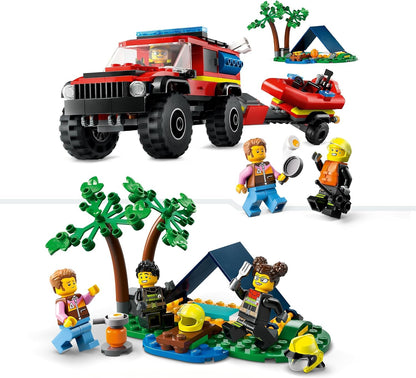 LEGO City 4x4 Fire Engine with Rescue Boat Building Toys for 5 Plus Year Old Boys & Girls, Imaginative Play Set Includes a Dinghy, Trailer, Tent, Camper and 2 Firefighter Minifigures, Gift Idea 60412