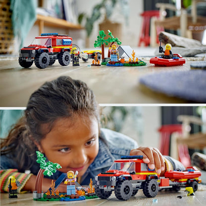 LEGO City 4x4 Fire Engine with Rescue Boat Building Toys for 5 Plus Year Old Boys & Girls, Imaginative Play Set Includes a Dinghy, Trailer, Tent, Camper and 2 Firefighter Minifigures, Gift Idea 60412