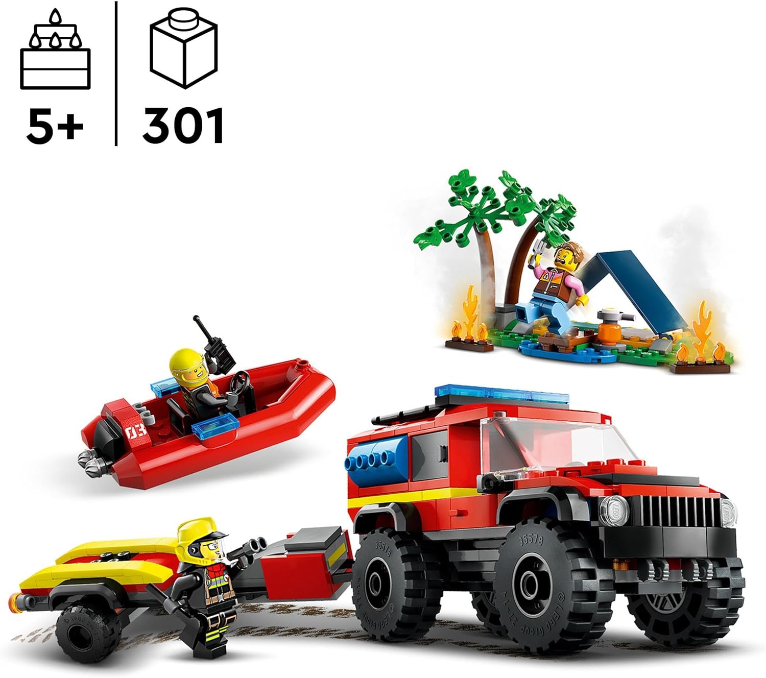 LEGO City 4x4 Fire Engine with Rescue Boat Building Toys for 5 Plus Year Old Boys & Girls, Imaginative Play Set Includes a Dinghy, Trailer, Tent, Camper and 2 Firefighter Minifigures, Gift Idea 60412