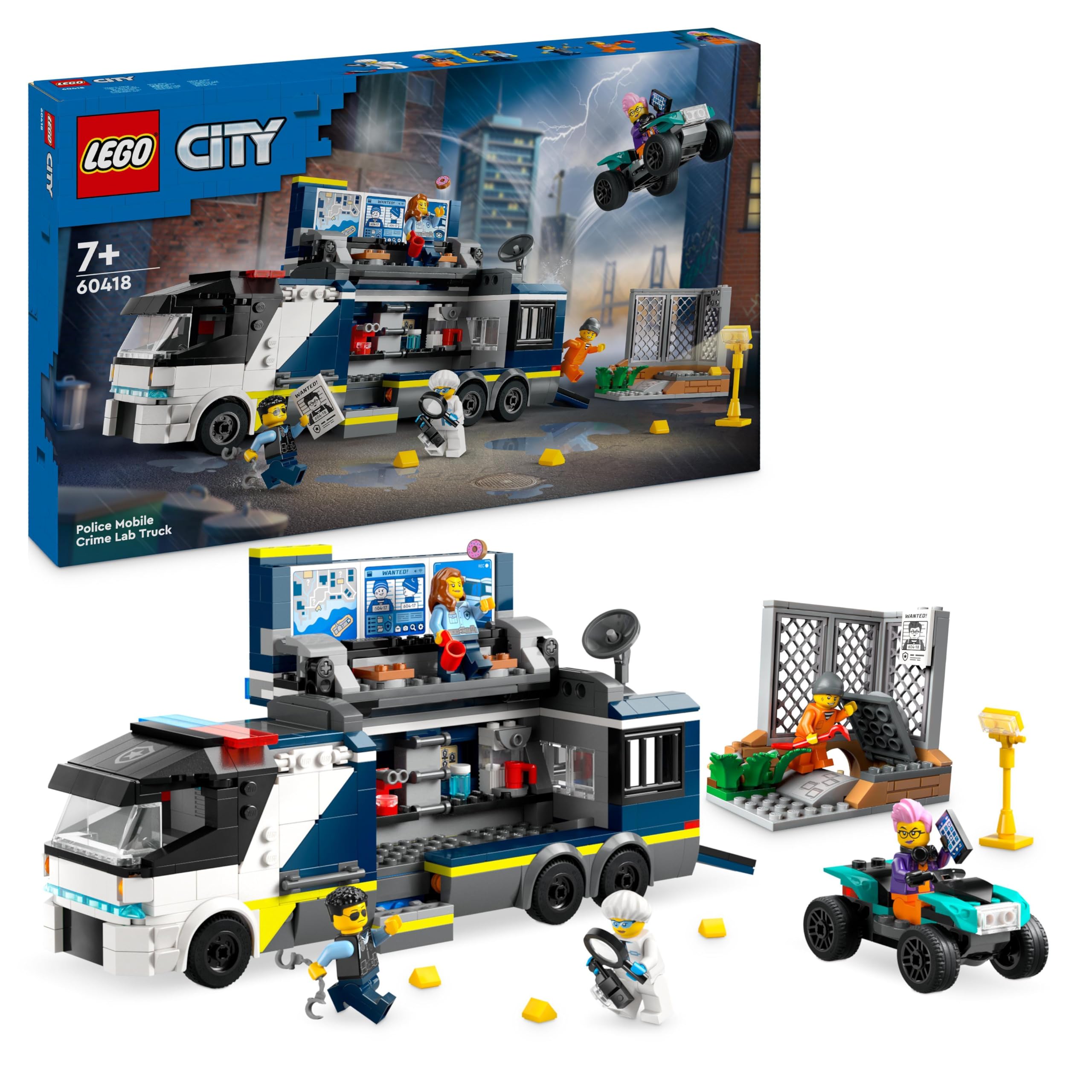 LEGO City Laboratorio de Criminología Móvil de la Policía, Regalo para Niños y Niñas de 7 Años o Más, Quad de Juguete y Minifiguras de Agentes, Científico y Ladrones, Juego de Roles 60418