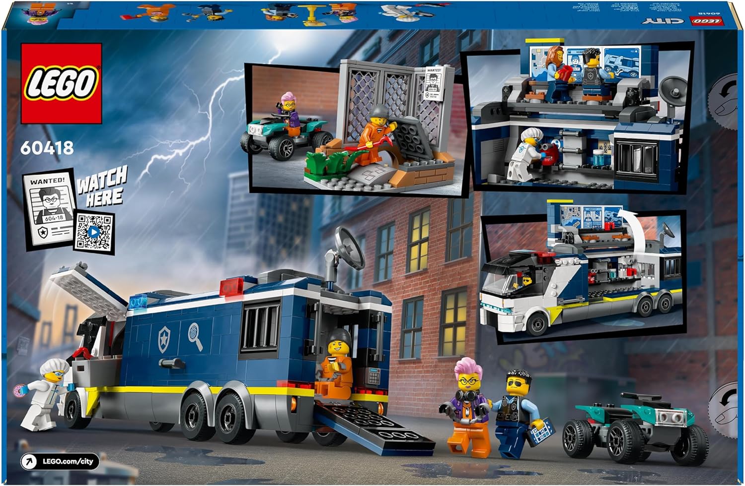 LEGO City Laboratorio de Criminología Móvil de la Policía, Regalo para Niños y Niñas de 7 Años o Más, Quad de Juguete y Minifiguras de Agentes, Científico y Ladrones, Juego de Roles 60418