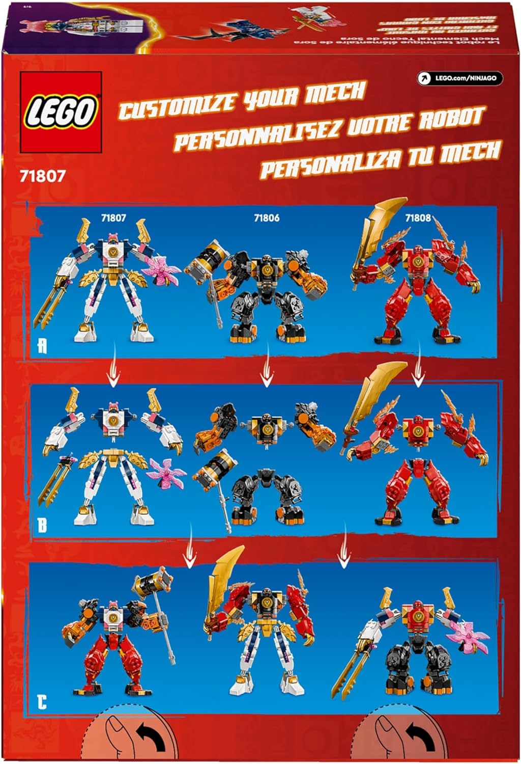 LEGO NINJAGO Sora’s Elemental Tech Mech, Customisable Ninja Action Figure Toy for 7 Plus Year Old Boys and Girls, Set with Katanas & Sora Minifigure for Independent Play, Birthday Gift Idea 71807