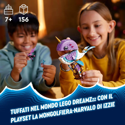 LEGO DREAMZzz 2-in-1 Izzies Narwal-Heißluftballon, Meerestiere-Spielzeug, Rette Bunchu vor einem Albgnom, wandlungsfähiges Wal-Spielzeug für Kinder, Geschenk für Mädchen und Jungs ab 7 Jahren 71472