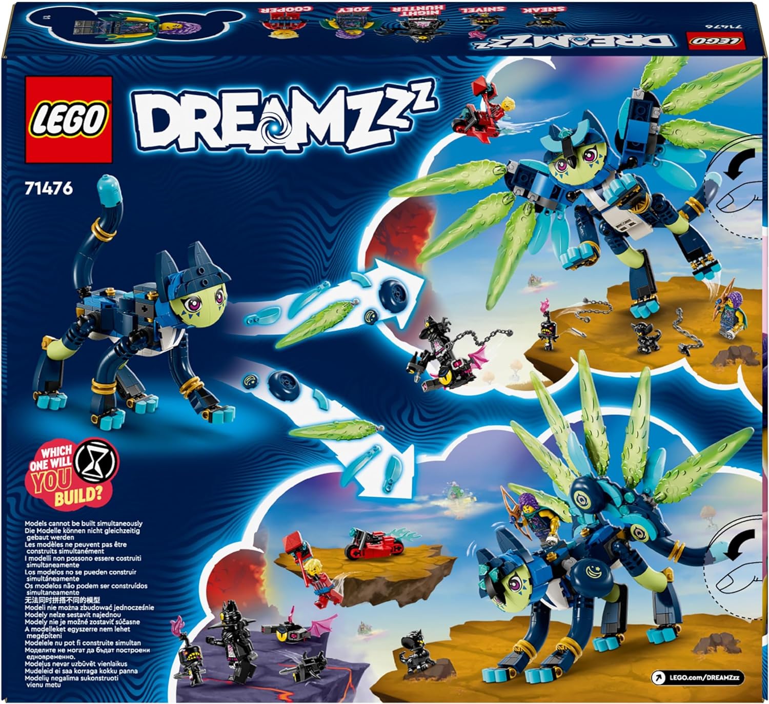 LEGO DREAMZzz 2-in-1 Zoey und die Katzeneule Zian, Actionfiguren-Set mit Spielzeug-Katze für Kinder, Enthält baubares Fabelwesen, Figure und Nachtjäger, Geschenk für Kinder ab 9 Jahren 71476