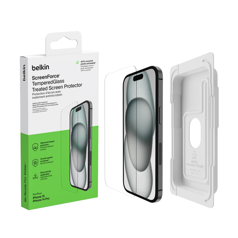 Belkin protector de pantalla ScreenForce TemperedGlass con revestimiento para iPhone 15/ 14 Pro, claridad y nitidez cristalinas, antiarañazos, alineación fácil para aplicación sin burbujas