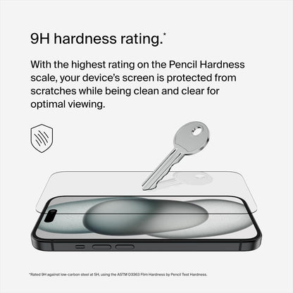 Belkin protector de pantalla ScreenForce TemperedGlass con revestimiento para iPhone 15/ 14 Pro, claridad y nitidez cristalinas, antiarañazos, alineación fácil para aplicación sin burbujas