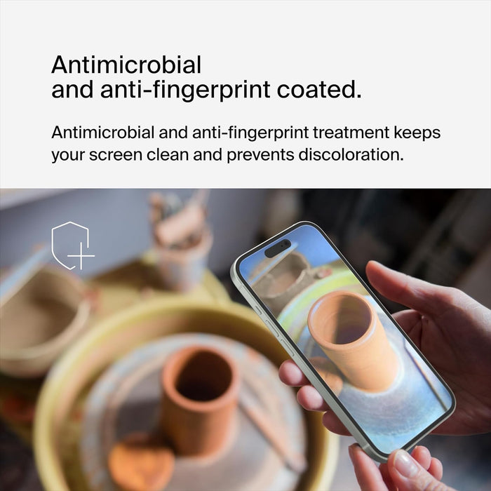 Belkin protector de pantalla ScreenForce TemperedGlass con revestimiento para iPhone 15/ 14 Pro, claridad y nitidez cristalinas, antiarañazos, alineación fácil para aplicación sin burbujas