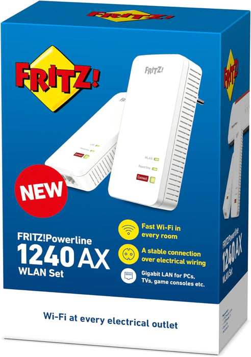 AVM FRITZ!Powerline 1240 AX WLAN Set Edition International, Extender Kit for Power Networks up to 1,200 Mbit/s, Built-in Wi-Fi up to 600 Mbps, Mesh, Access Point, Italian Interface
