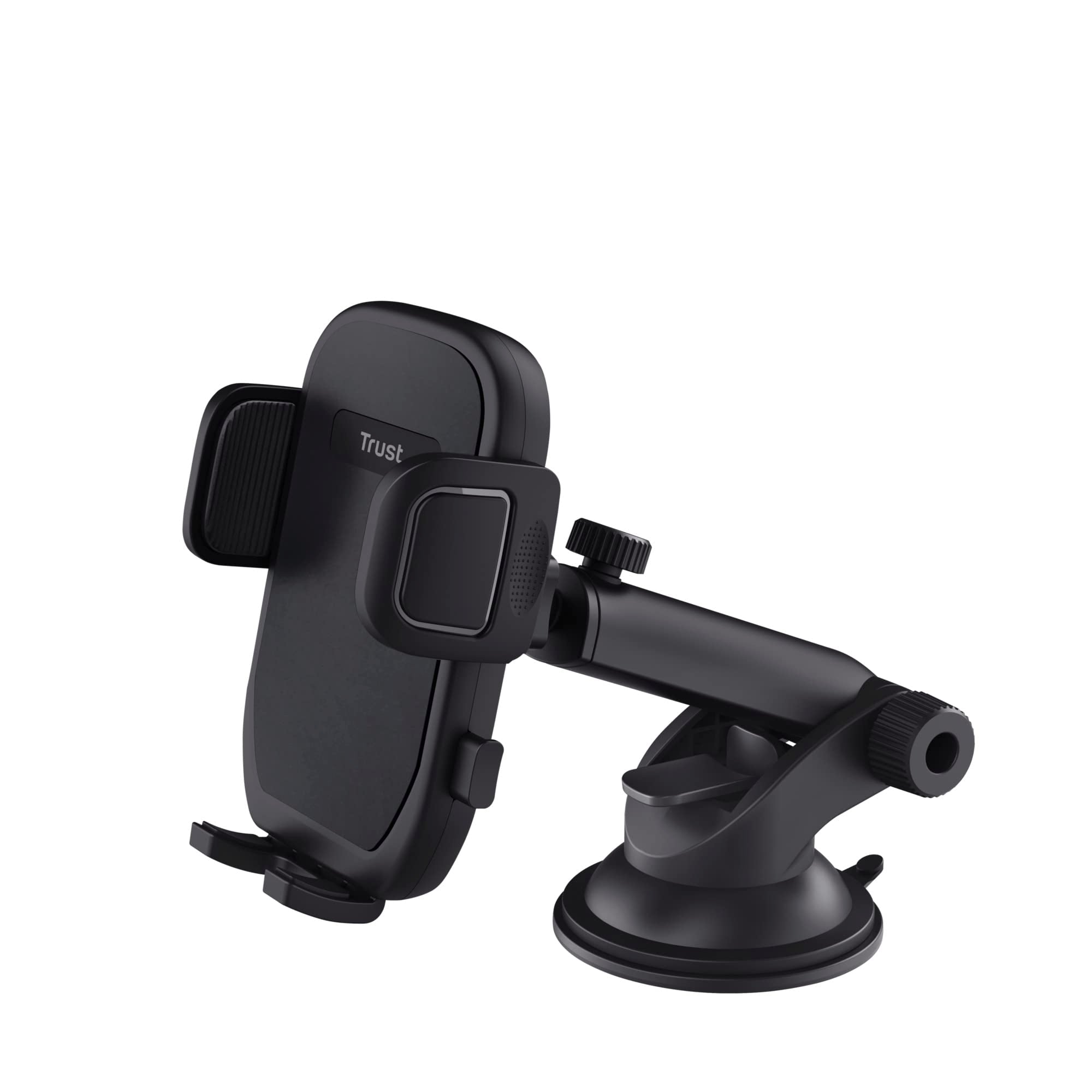 Trust Runo Car Phone Holder, Windshield Mount, Secure-fit, Quick Release Button, Rubberised Back Clamp, Rotatable Mount Compatible with iPhone, Samsung and Other 55-100 mm – Black