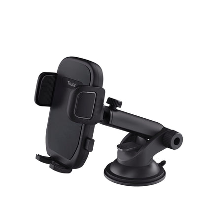 Trust Runo Car Phone Holder, Windshield Mount, Secure-fit, Quick Release Button, Rubberised Back Clamp, Rotatable Mount Compatible with iPhone, Samsung and Other 55-100 mm – Black