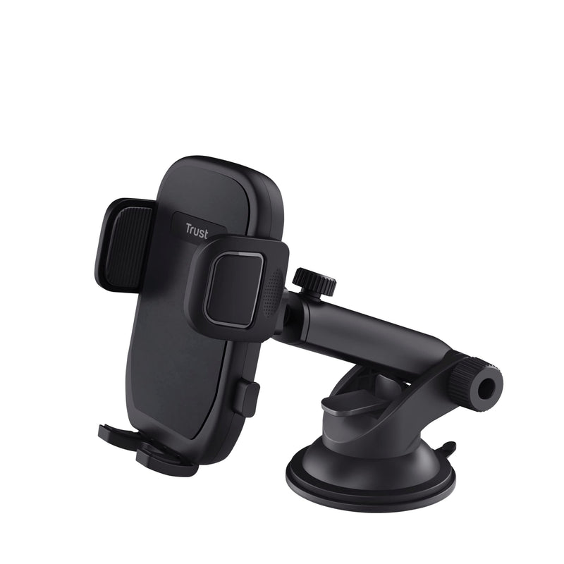 Trust Runo Car Phone Holder, Windshield Mount, Secure-fit, Quick Release Button, Rubberised Back Clamp, Rotatable Mount Compatible with iPhone, Samsung and Other 55-100 mm – Black