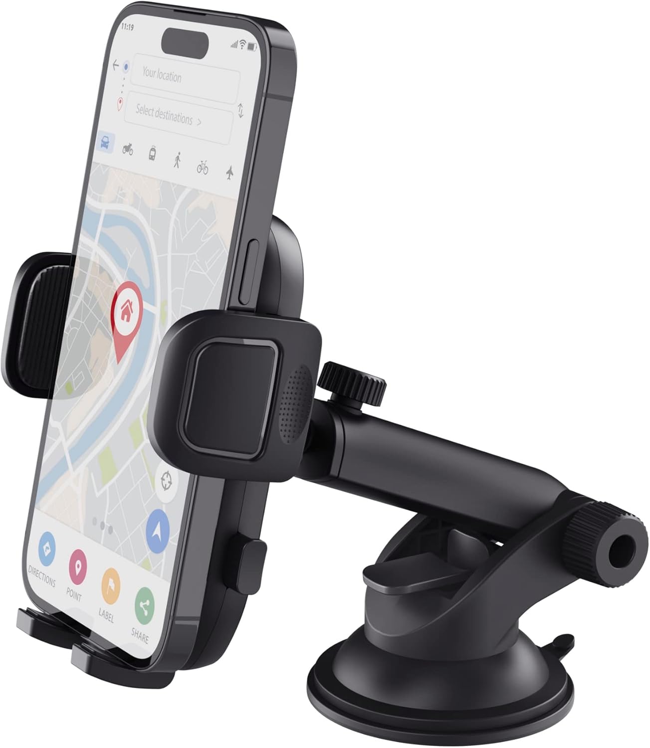 Trust Runo Car Phone Holder, Windshield Mount, Secure-fit, Quick Release Button, Rubberised Back Clamp, Rotatable Mount Compatible with iPhone, Samsung and Other 55-100 mm – Black