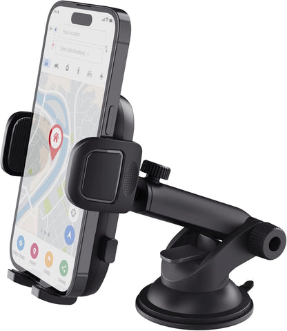 Trust Runo Car Phone Holder, Windshield Mount, Secure-fit, Quick Release Button, Rubberised Back Clamp, Rotatable Mount Compatible with iPhone, Samsung and Other 55-100 mm – Black